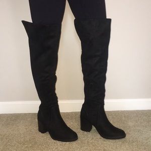 BRAND NEW black heeled thigh high boots